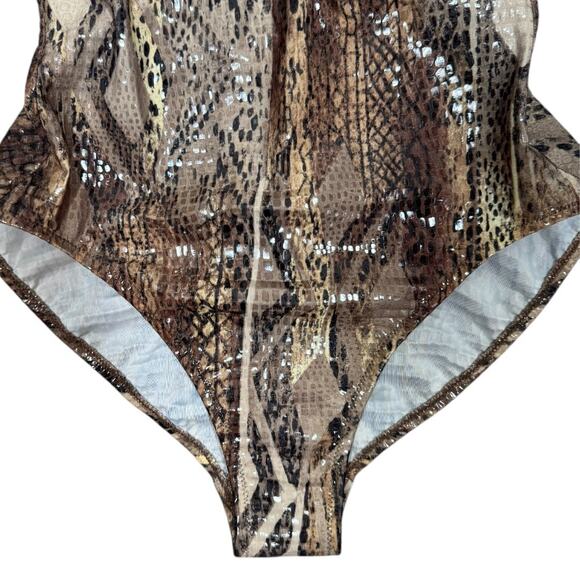 Vintage 90s Gottex Shiny Snakeskin Print One Piece Swimsuit 10 High Cut Low Back - Picture 4 of 8